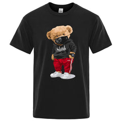 100% Cotton Sports Mask Bear Print Short-Sleeved T-Shirt Male Half-Sleeved Summer Casual Oversized T-Shirt Men Shirt S-Xxxl