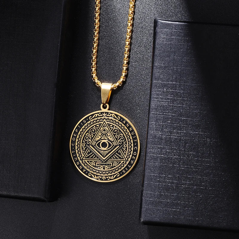 Men\'s Classic Punk Gold Plated Freemason Round Medal Pendant Necklace Hip Hop Style Rock Party Jewelry