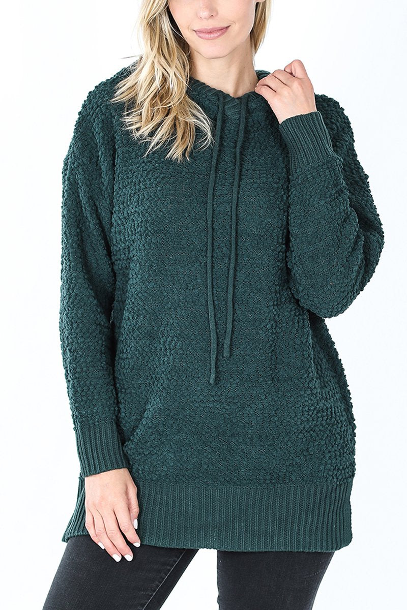 Popcorn Rib Detail Hooded Pullover