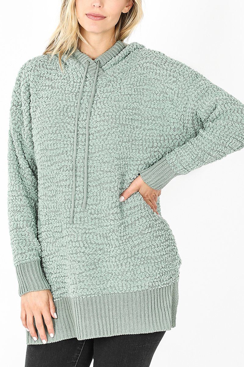 Popcorn Rib Detail Hooded Pullover
