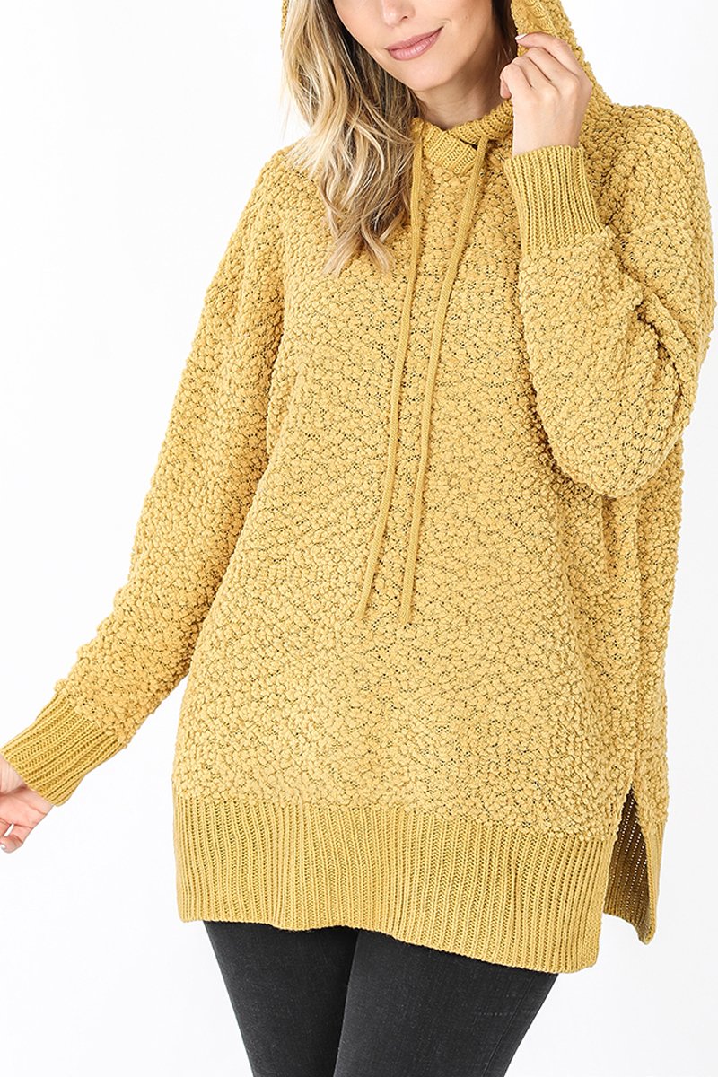 Popcorn Rib Detail Hooded Pullover