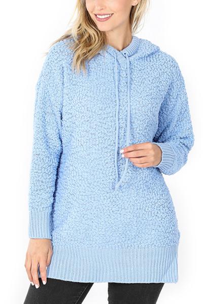 Popcorn Rib Detail Hooded Pullover