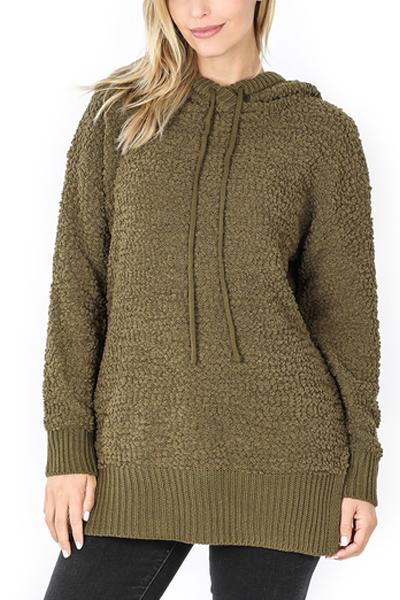 Popcorn Rib Detail Hooded Pullover