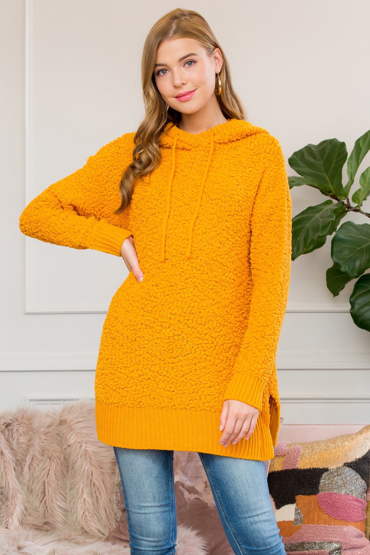 Popcorn Rib Detail Hooded Pullover