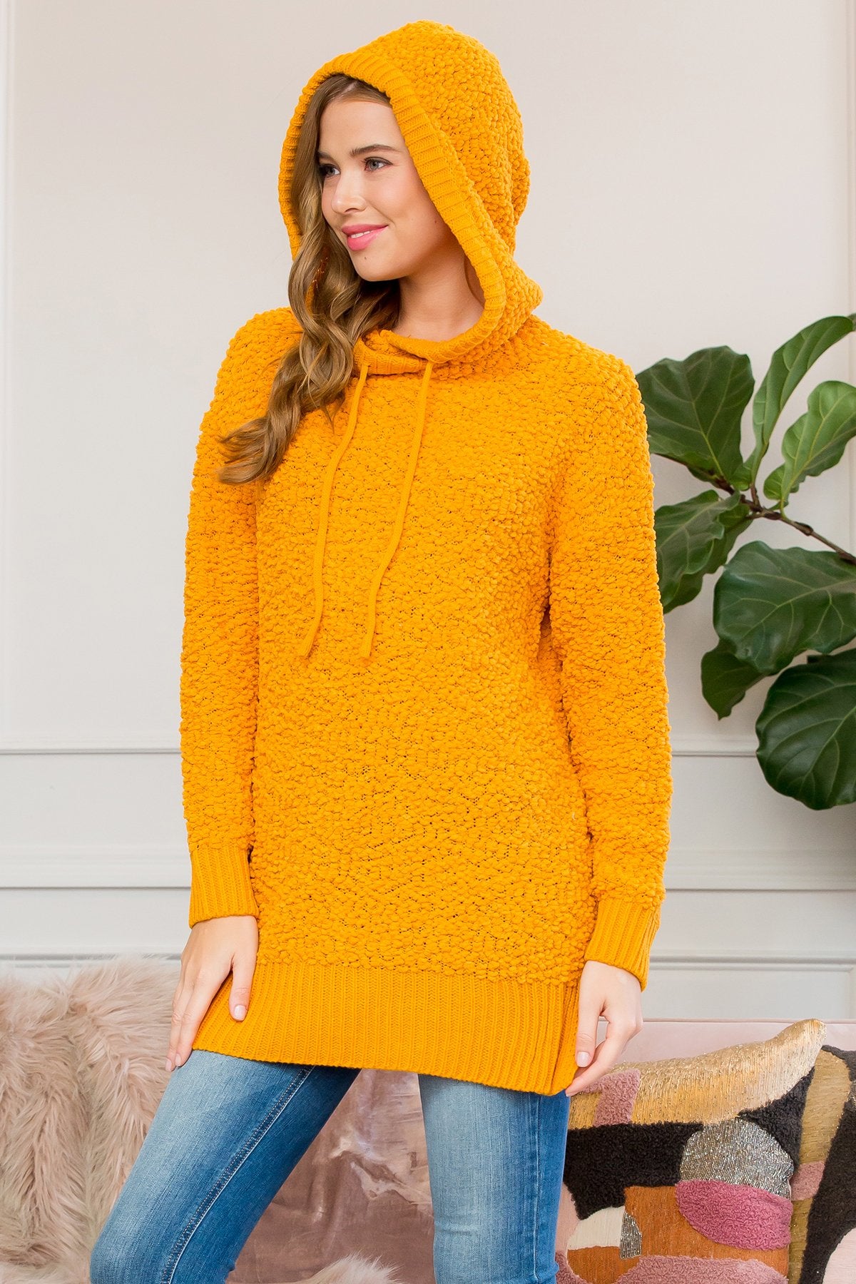 Popcorn Rib Detail Hooded Pullover