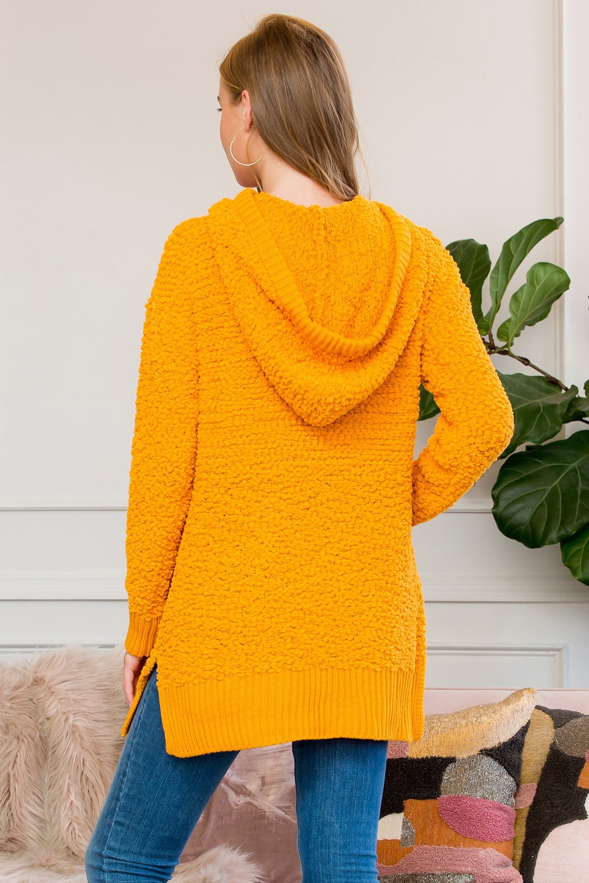 Popcorn Rib Detail Hooded Pullover