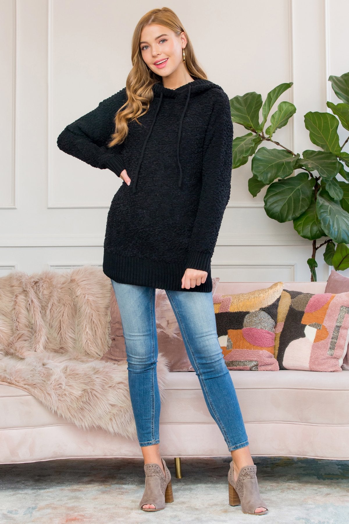 Popcorn Rib Detail Hooded Pullover