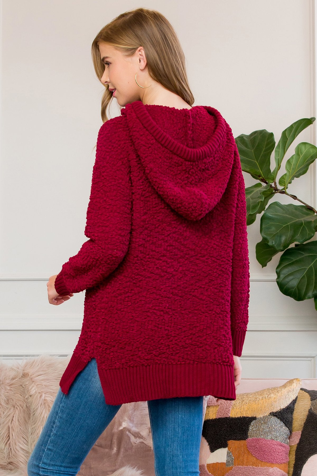 Popcorn Rib Detail Hooded Pullover