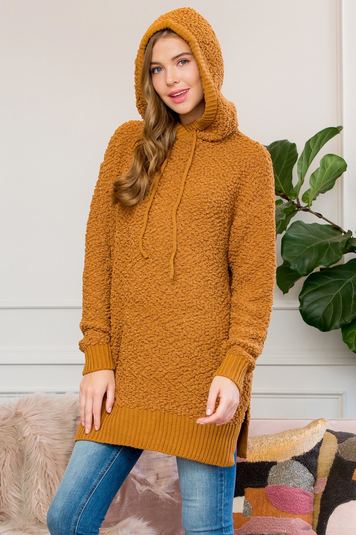Popcorn Rib Detail Hooded Pullover