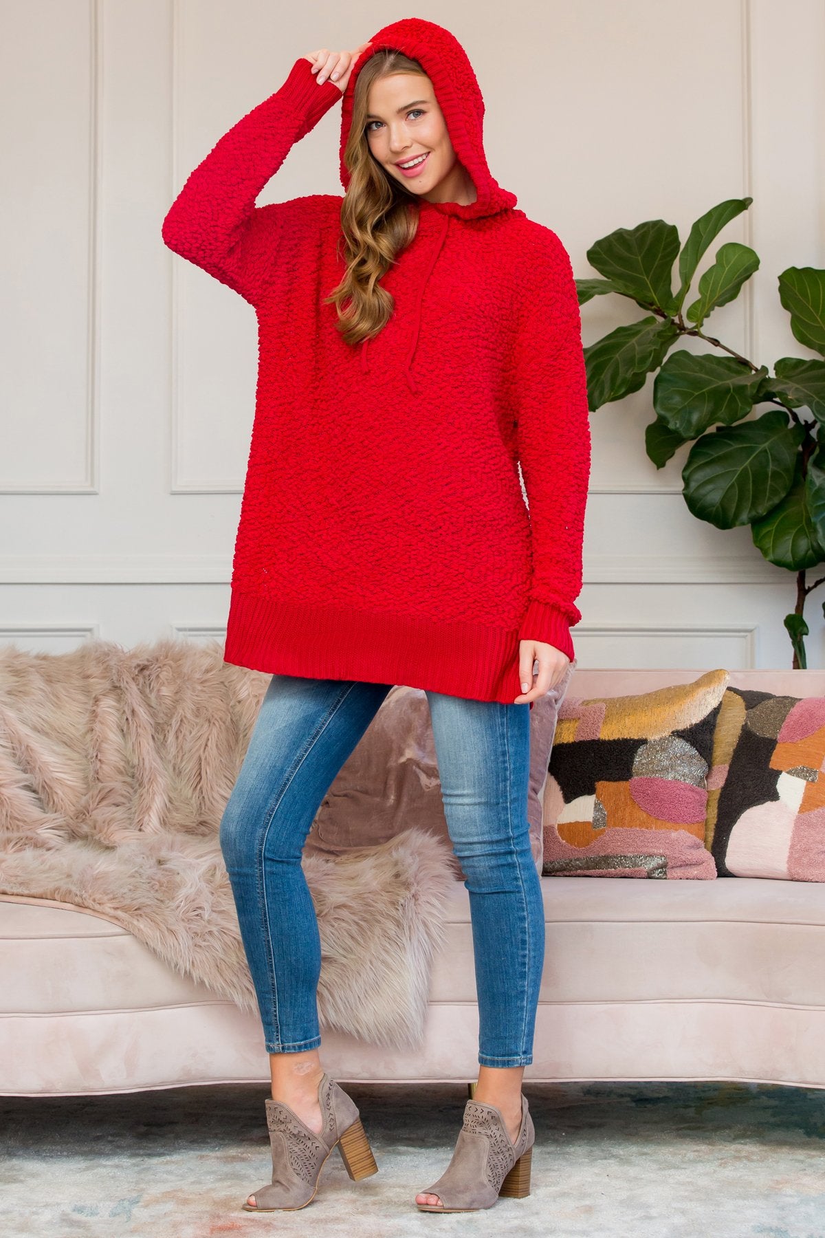 Popcorn Rib Detail Hooded Pullover