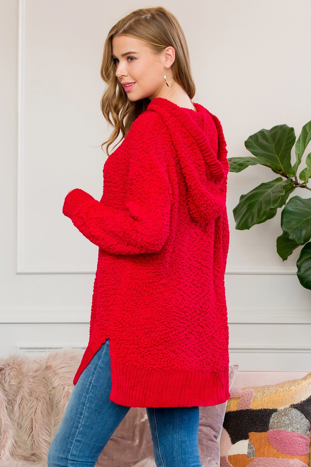 Popcorn Rib Detail Hooded Pullover