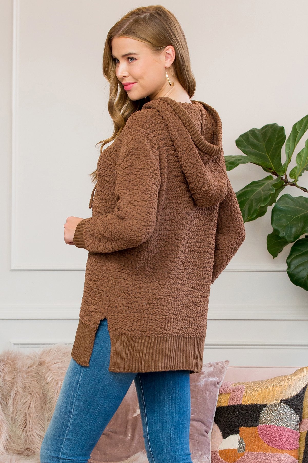Popcorn Rib Detail Hooded Pullover