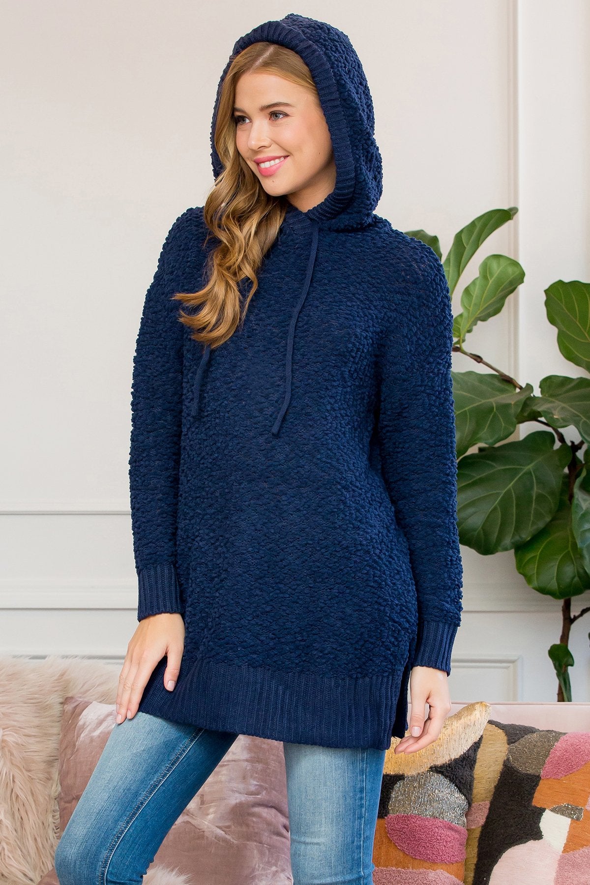 Popcorn Rib Detail Hooded Pullover