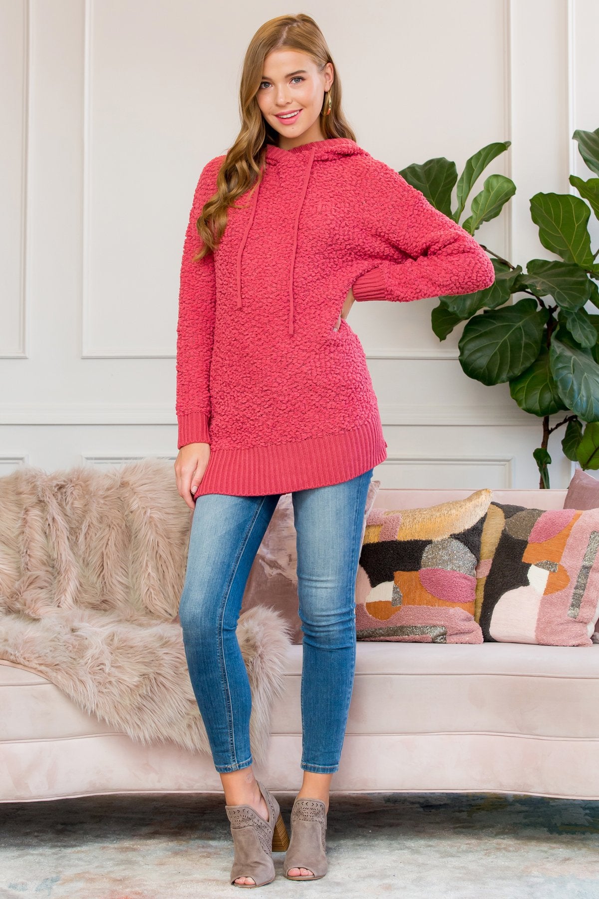 Popcorn Rib Detail Hooded Pullover