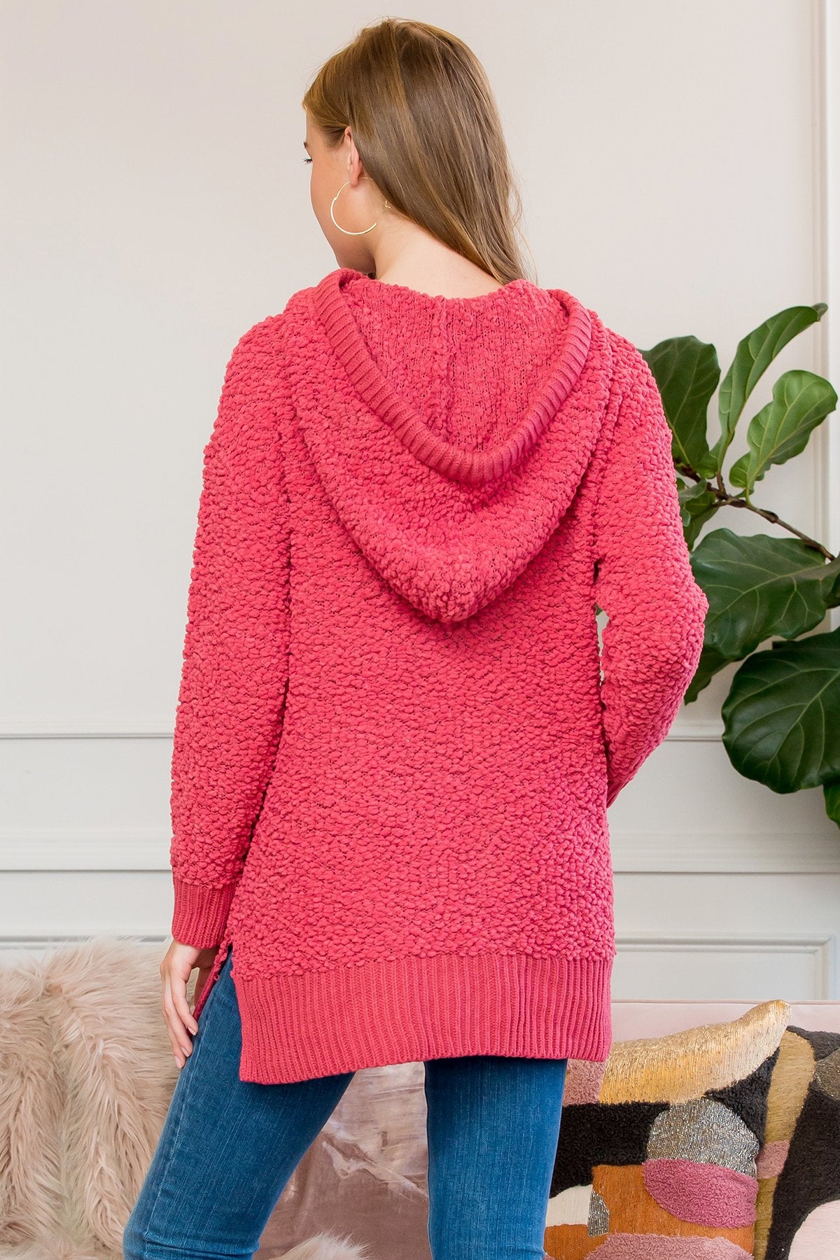 Popcorn Rib Detail Hooded Pullover
