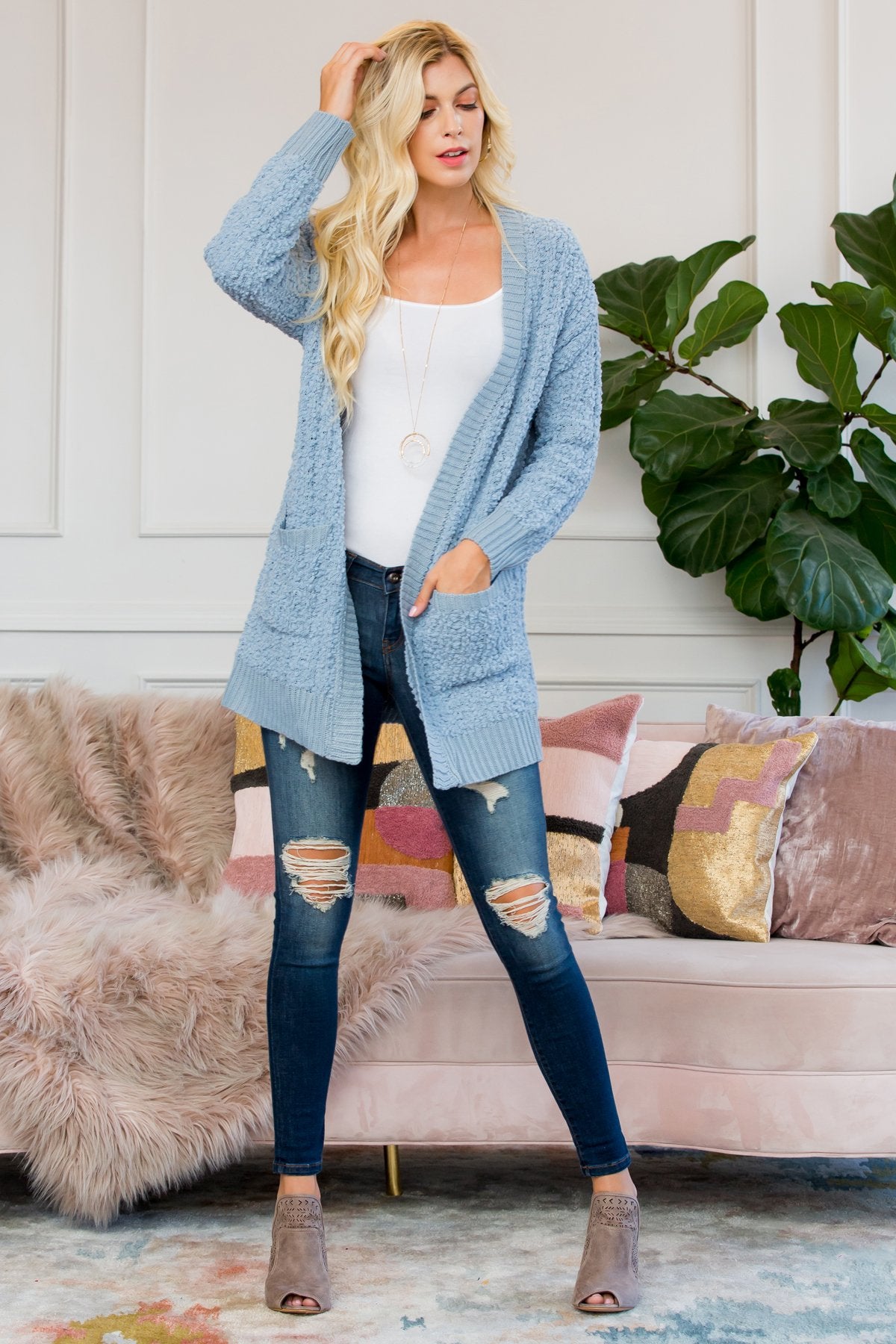Cable Popcorn Sweater Cardigan With Pockets