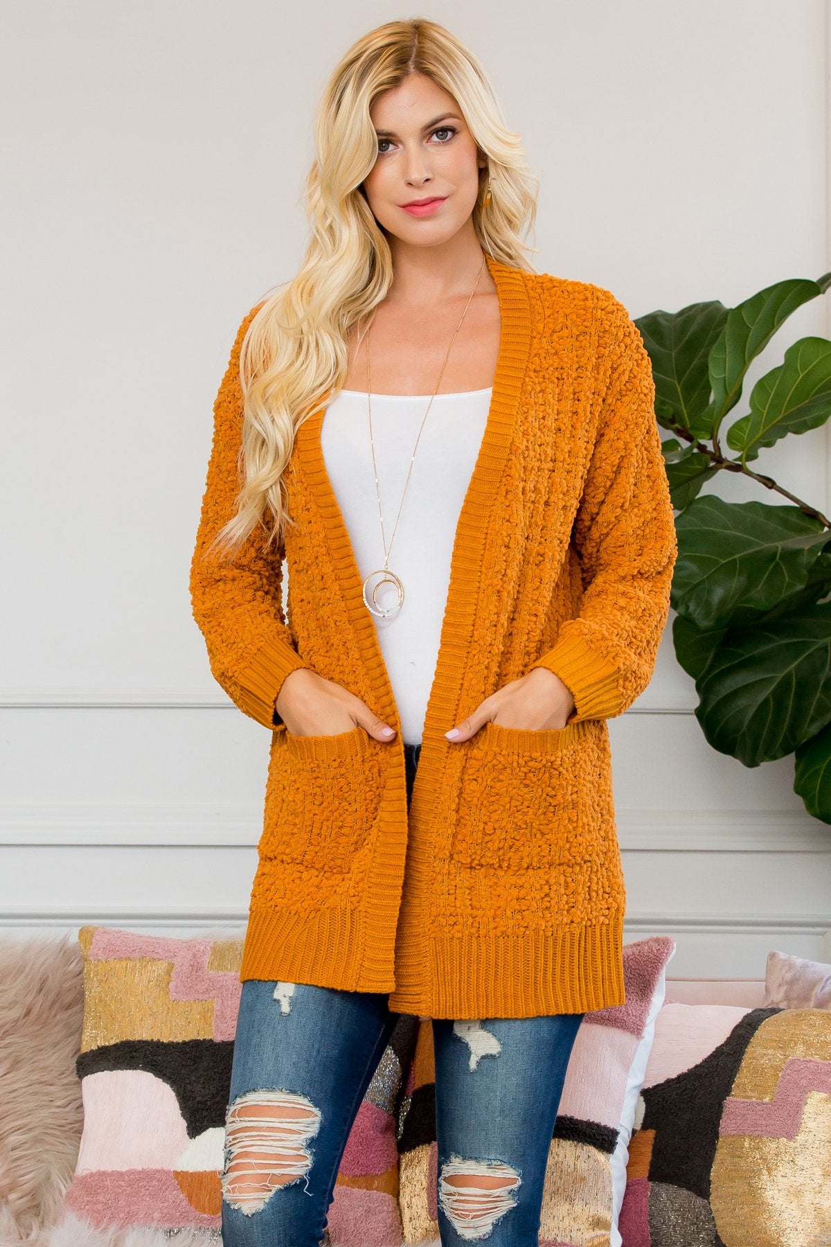 Cable Popcorn Sweater Cardigan With Pockets