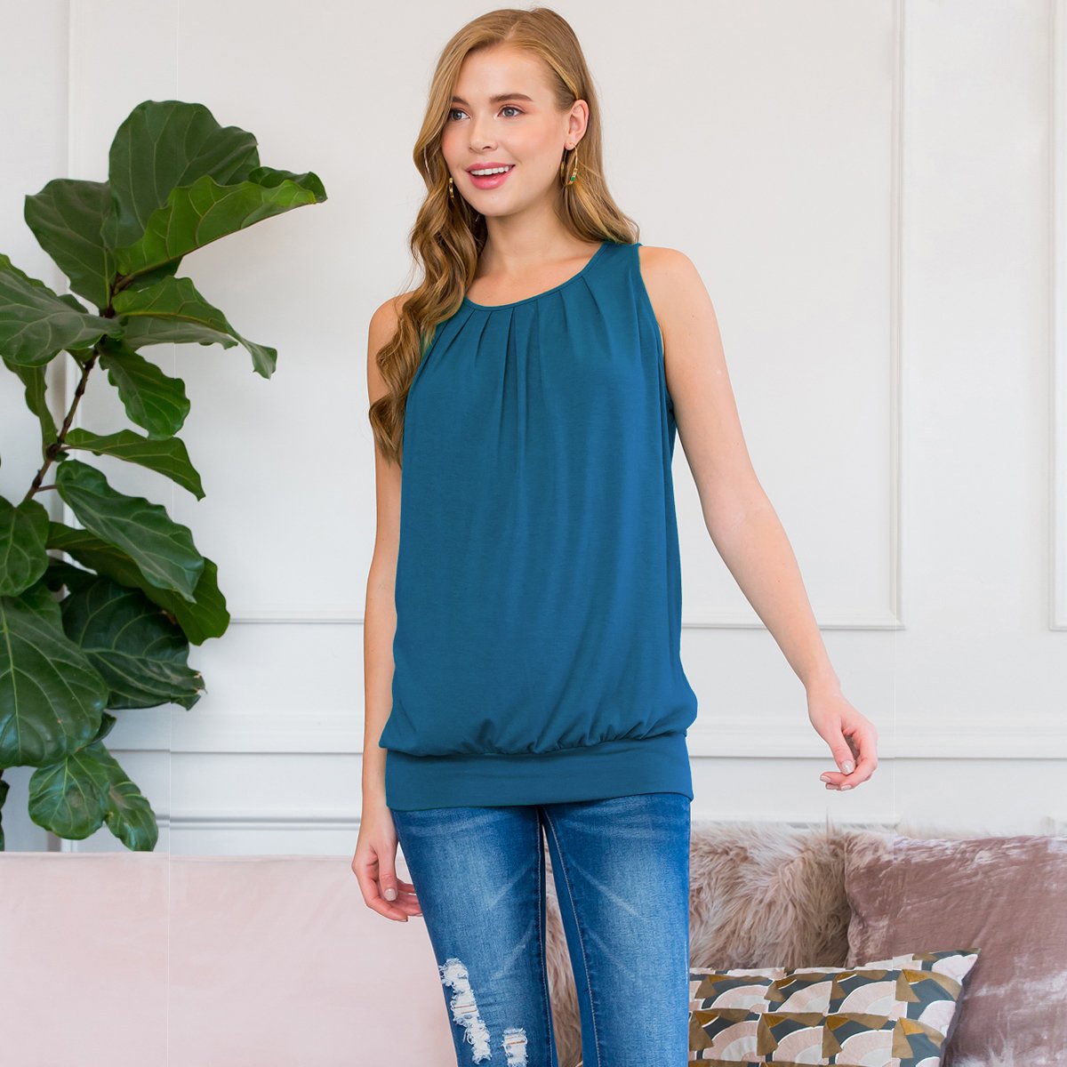 Sleeveless Pleated Top With Waistband