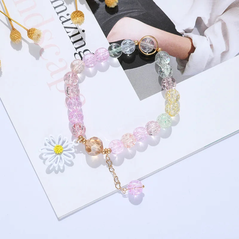 2022 New Korean Flowers Daisy Bracelets Bohemian Colorful Crystal Beaded Bracelet Handmade Elastic Rope Women Pulseira Jewelry