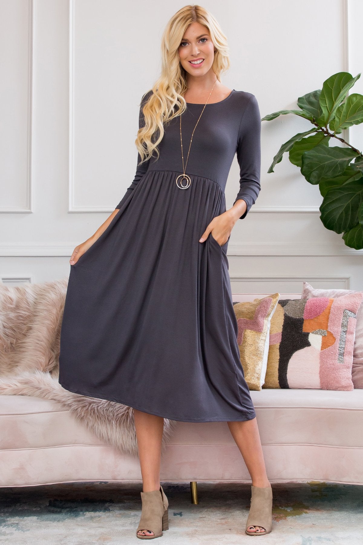 Viscose 3/4 Sleeve Round Neck Waist Shirring Dress