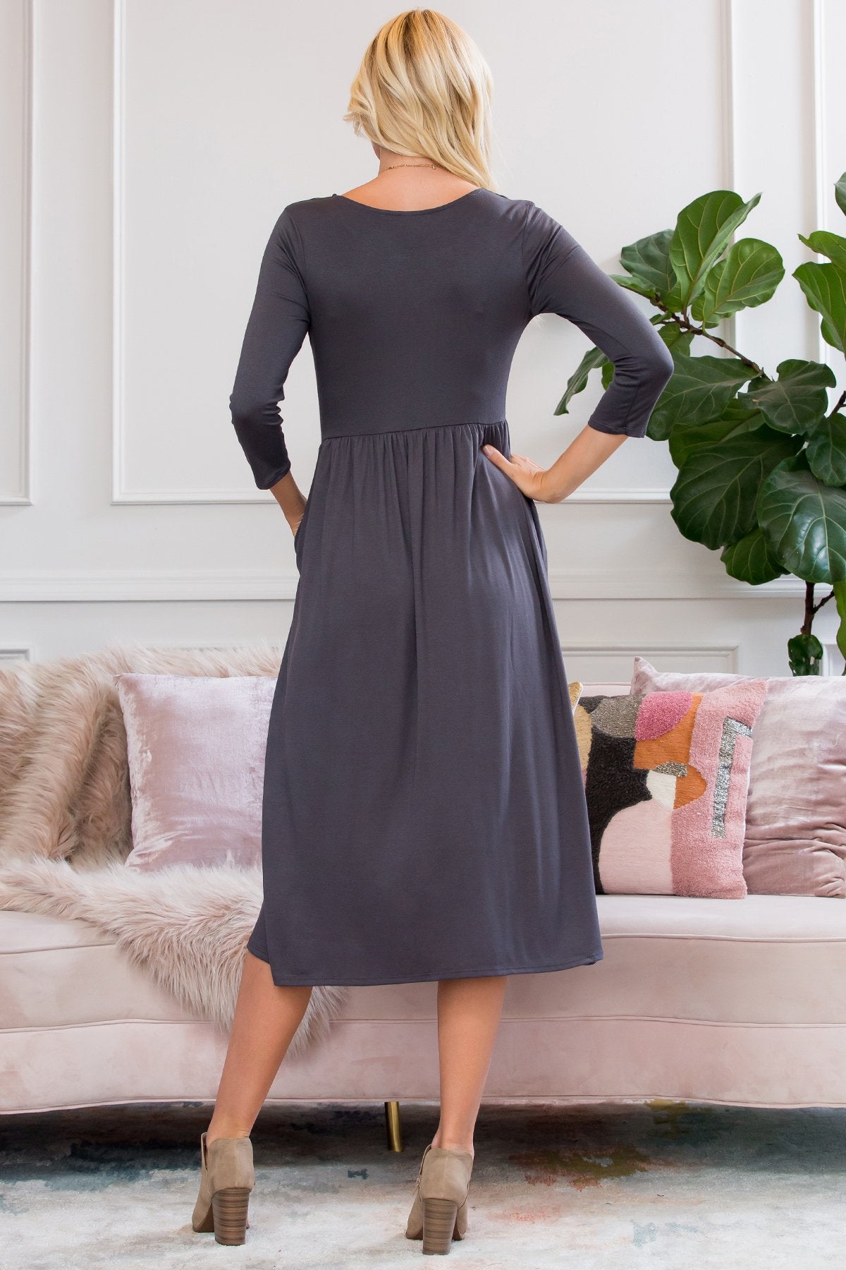 Viscose 3/4 Sleeve Round Neck Waist Shirring Dress