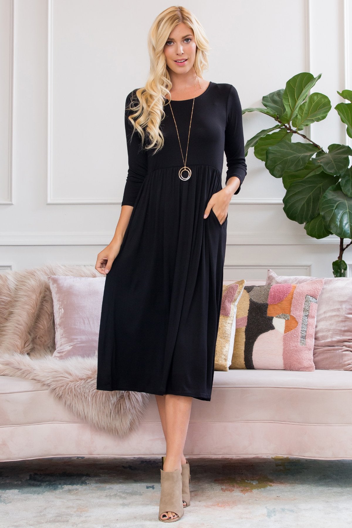 Viscose 3/4 Sleeve Round Neck Waist Shirring Dress