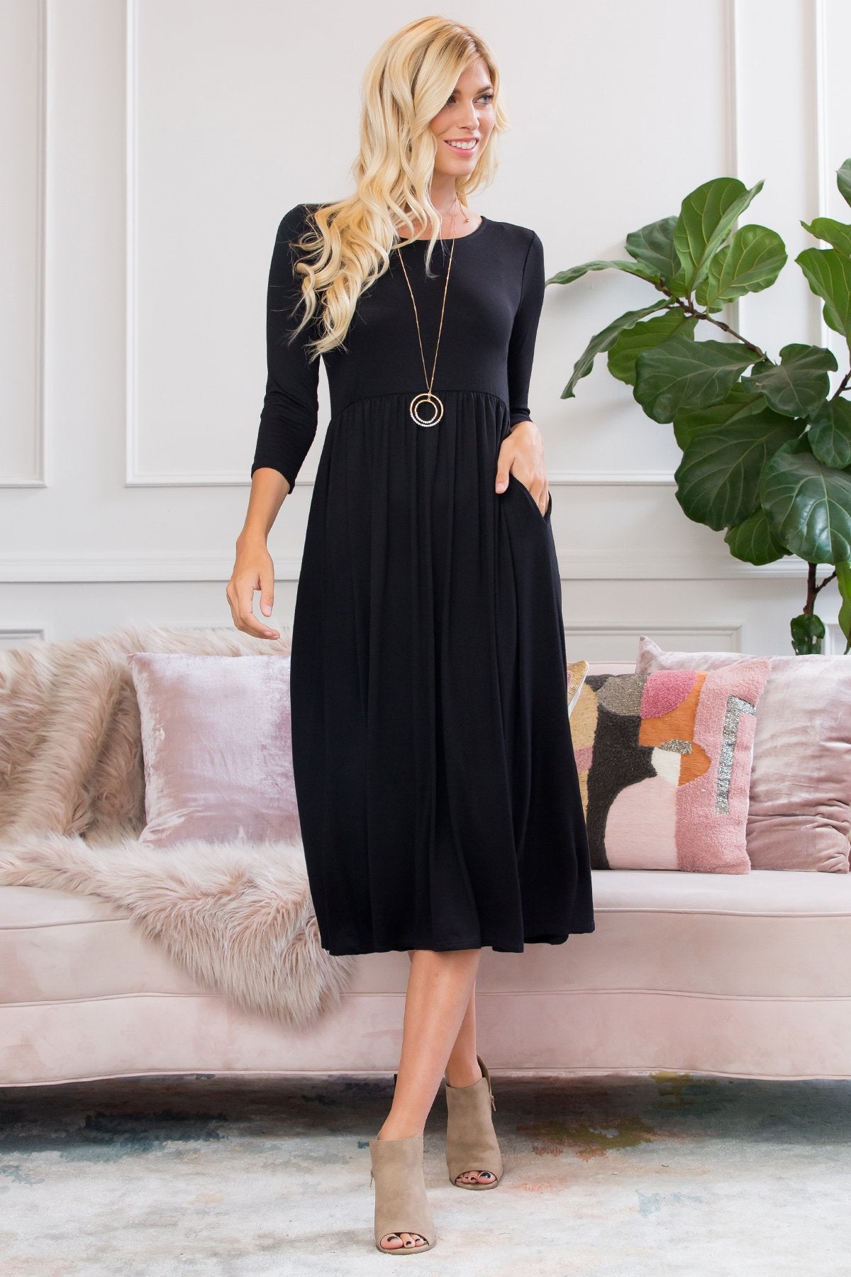 Viscose 3/4 Sleeve Round Neck Waist Shirring Dress