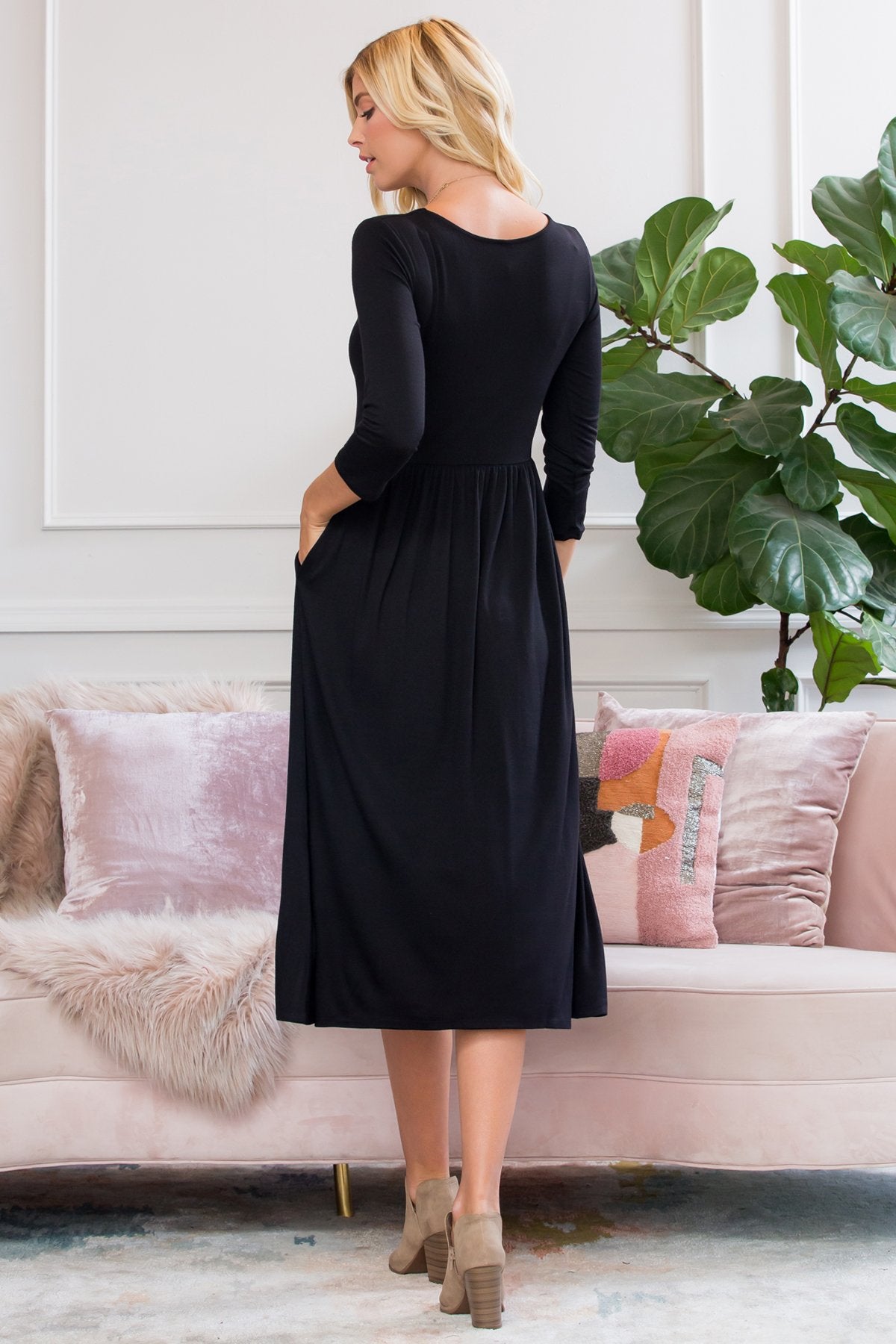 Viscose 3/4 Sleeve Round Neck Waist Shirring Dress