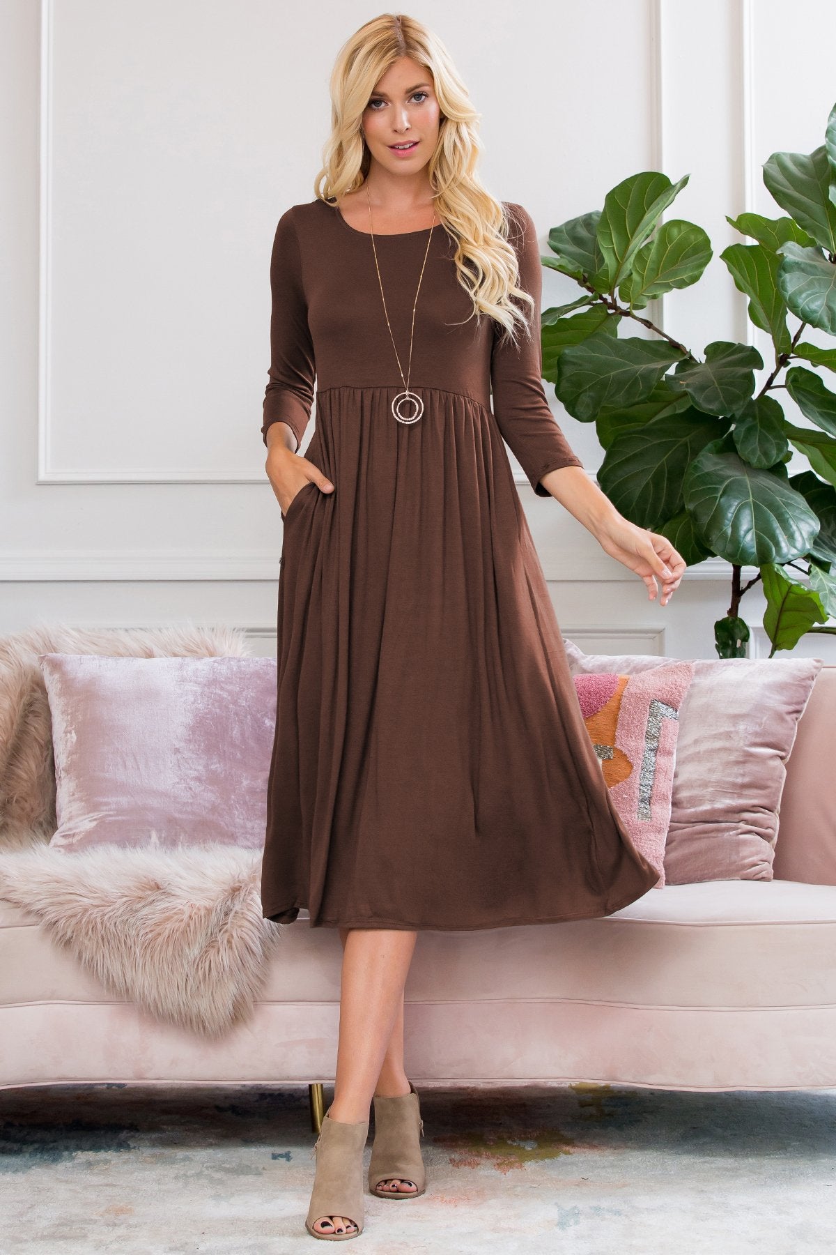 Viscose 3/4 Sleeve Round Neck Waist Shirring Dress