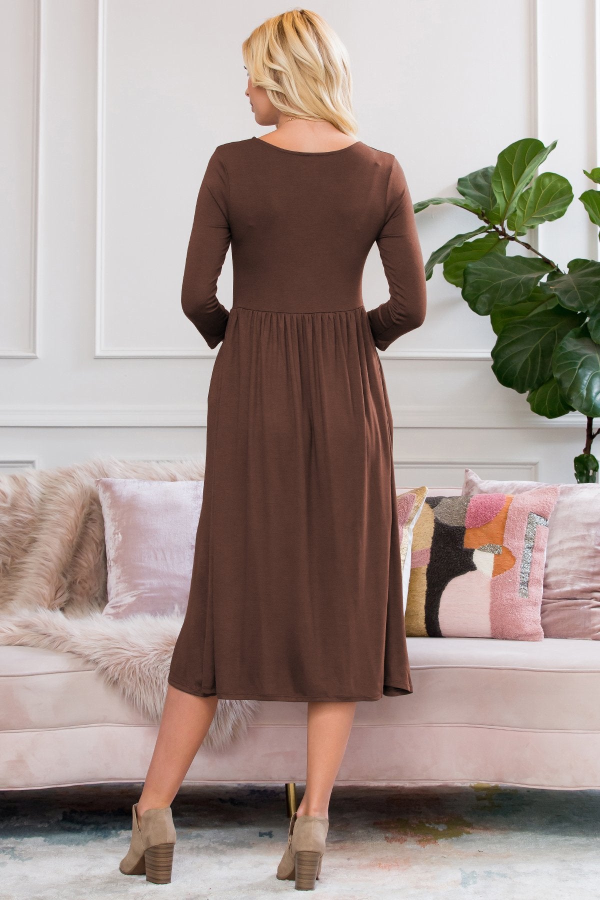 Viscose 3/4 Sleeve Round Neck Waist Shirring Dress