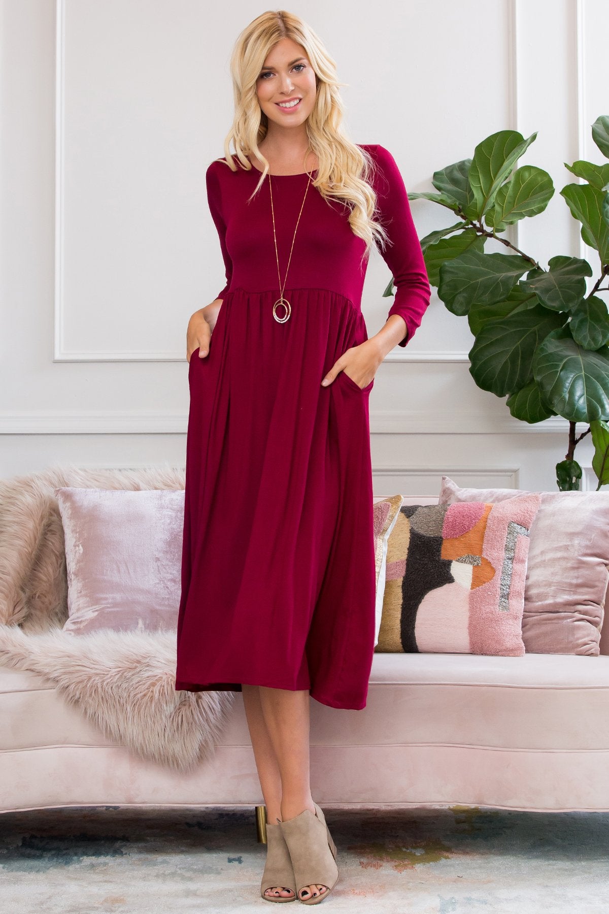 Viscose 3/4 Sleeve Round Neck Waist Shirring Dress