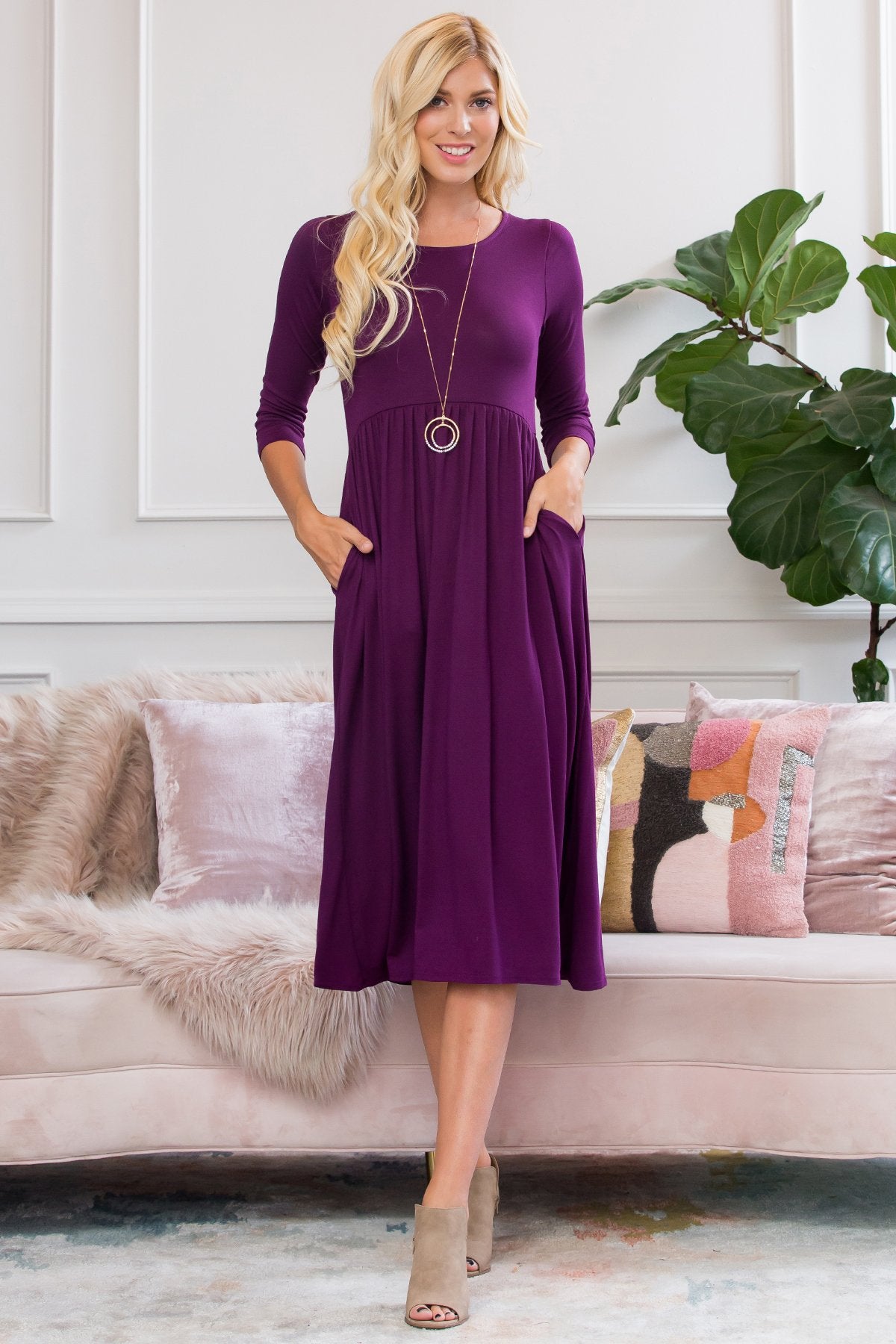 Viscose 3/4 Sleeve Round Neck Waist Shirring Dress