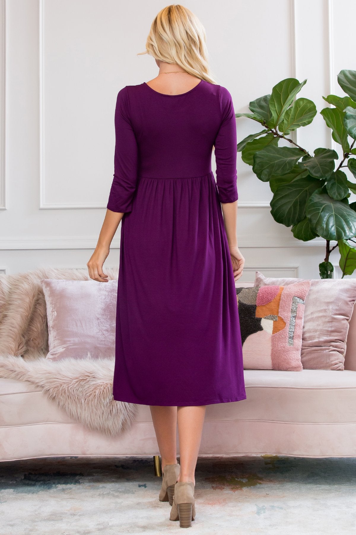 Viscose 3/4 Sleeve Round Neck Waist Shirring Dress
