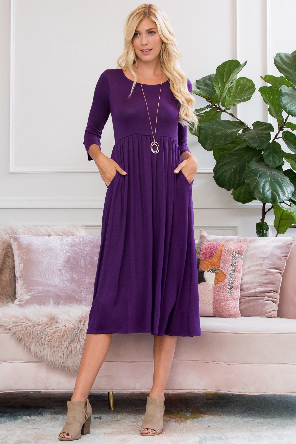 Viscose 3/4 Sleeve Round Neck Waist Shirring Dress