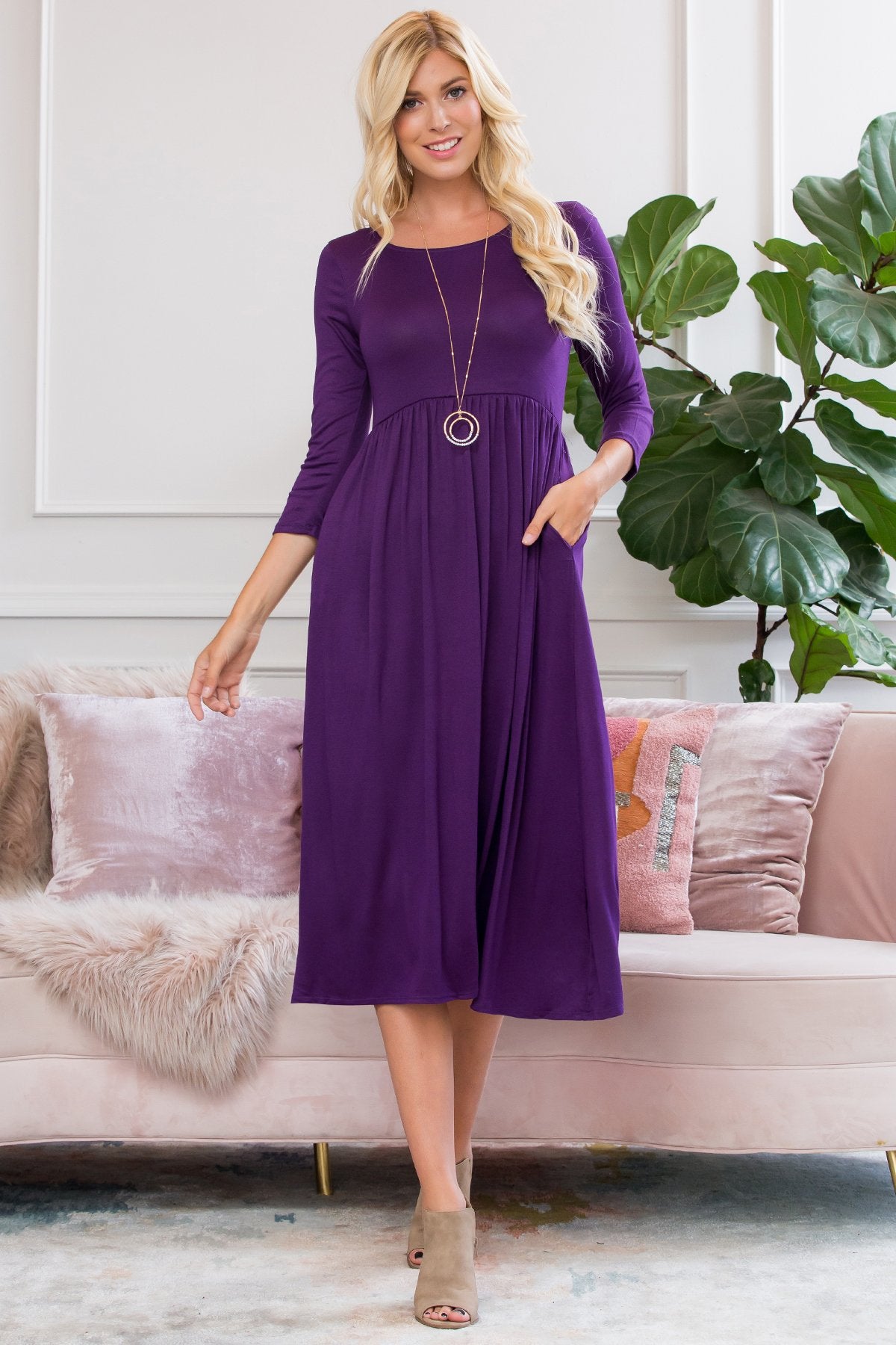Viscose 3/4 Sleeve Round Neck Waist Shirring Dress