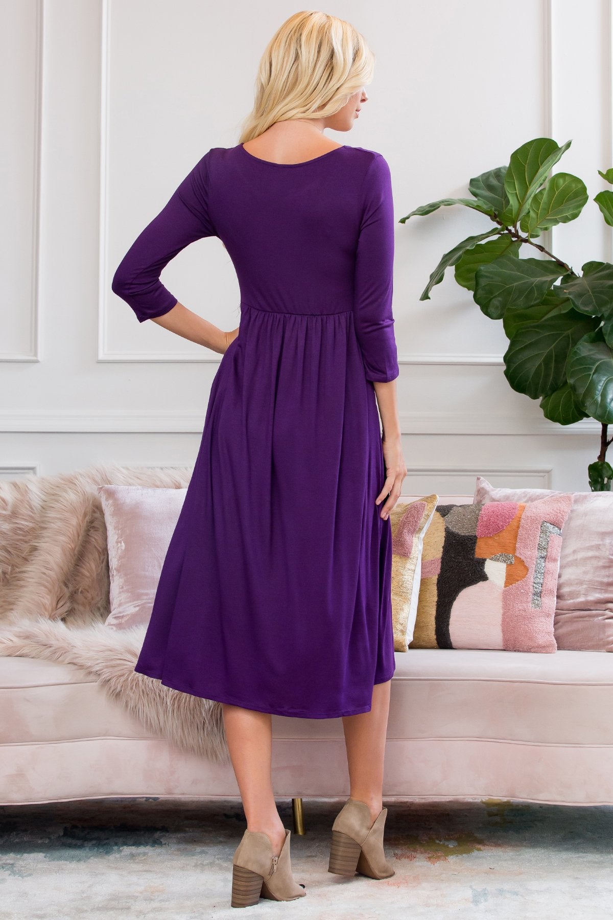 Viscose 3/4 Sleeve Round Neck Waist Shirring Dress