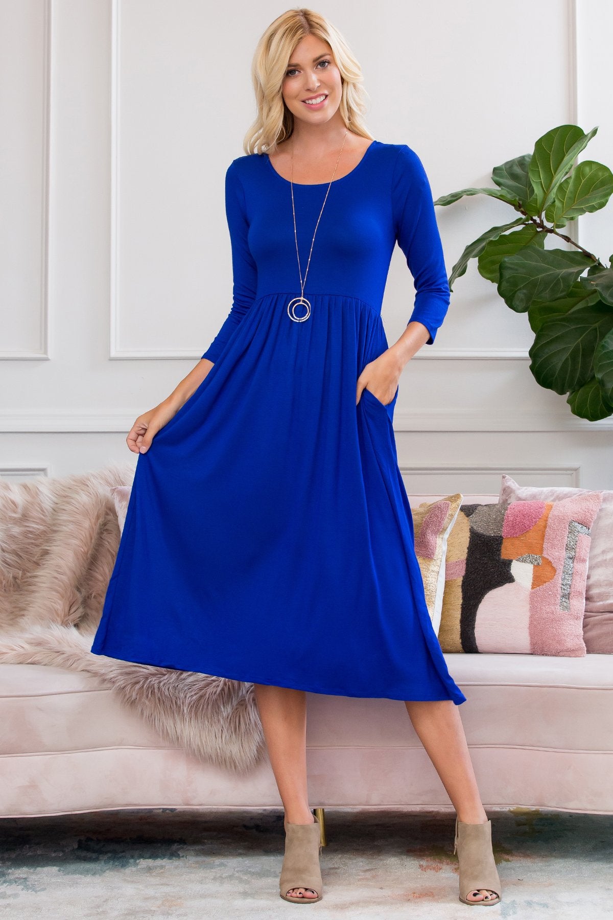 Viscose 3/4 Sleeve Round Neck Waist Shirring Dress