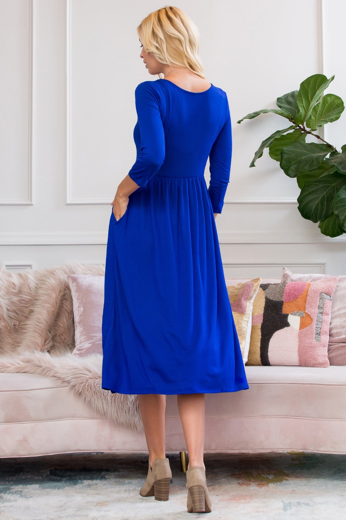 Viscose 3/4 Sleeve Round Neck Waist Shirring Dress