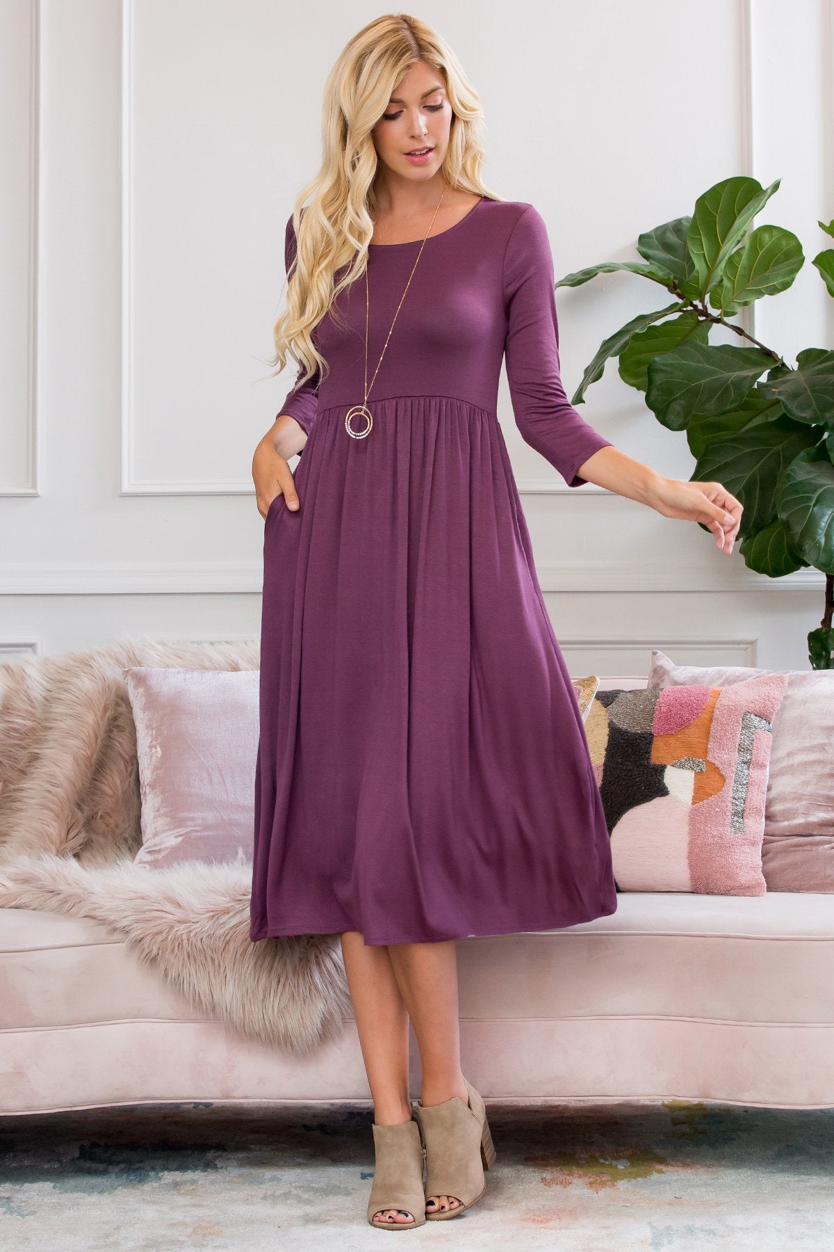 Viscose 3/4 Sleeve Round Neck Waist Shirring Dress