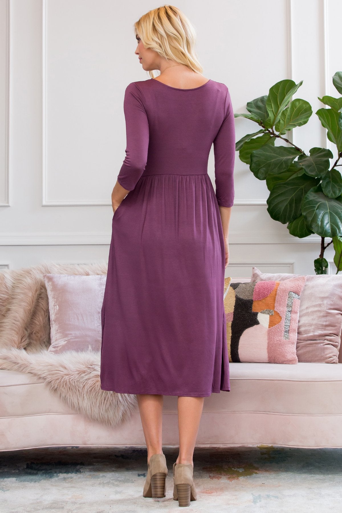 Viscose 3/4 Sleeve Round Neck Waist Shirring Dress