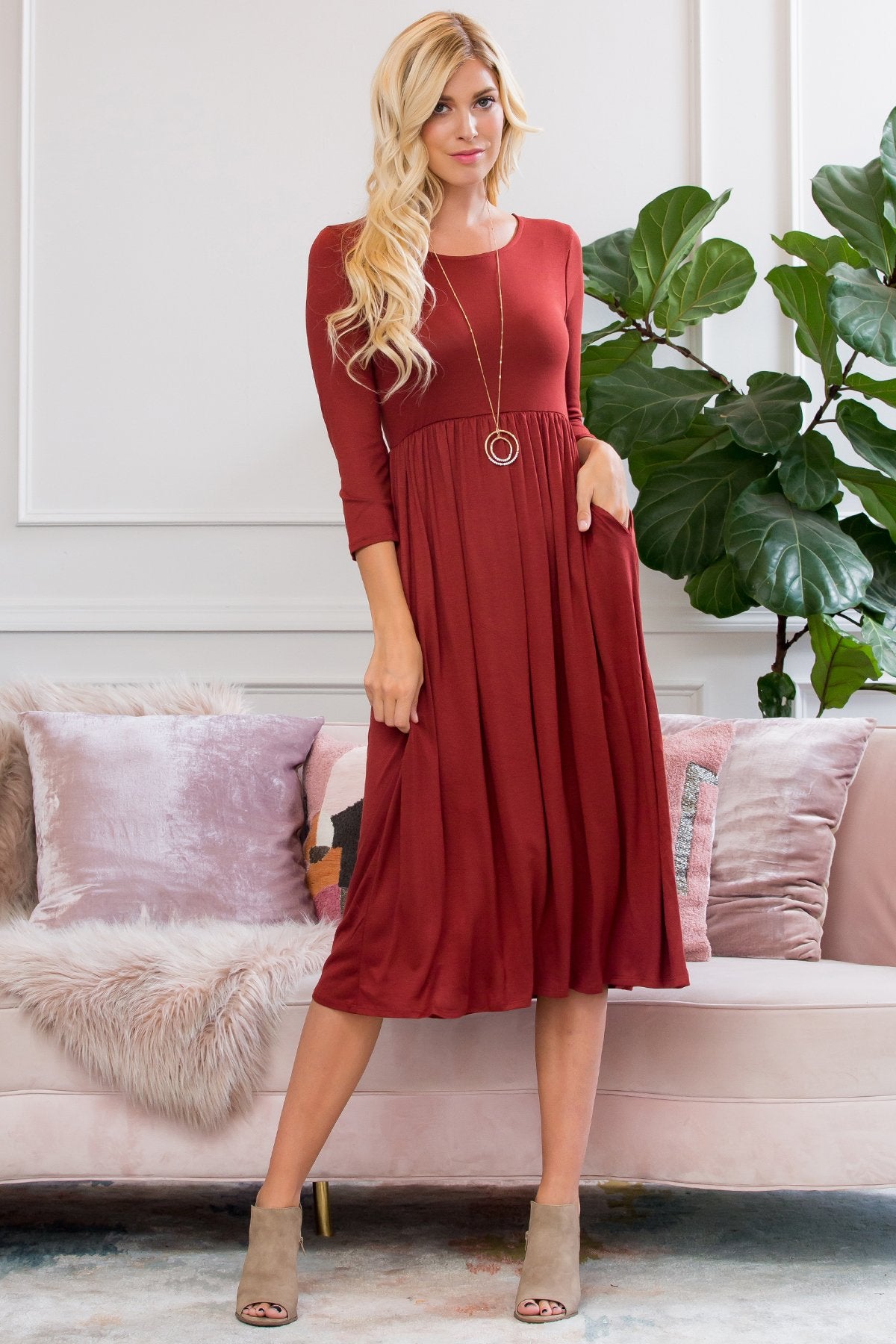 Viscose 3/4 Sleeve Round Neck Waist Shirring Dress