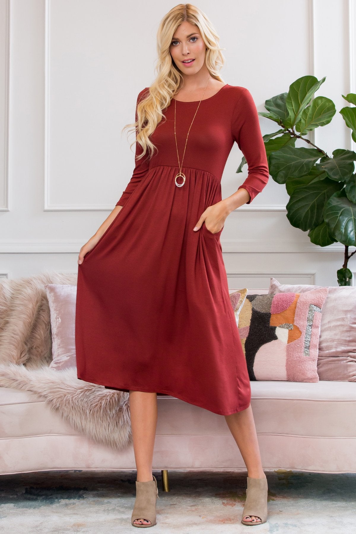 Viscose 3/4 Sleeve Round Neck Waist Shirring Dress