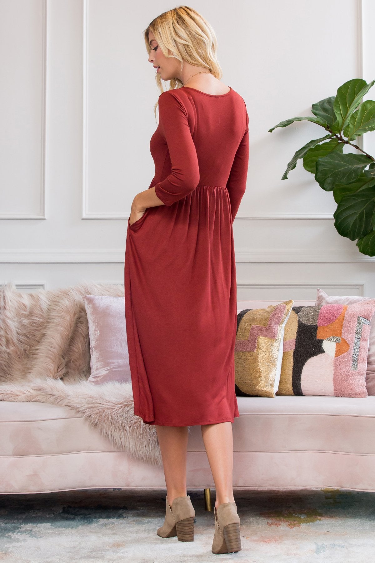 Viscose 3/4 Sleeve Round Neck Waist Shirring Dress