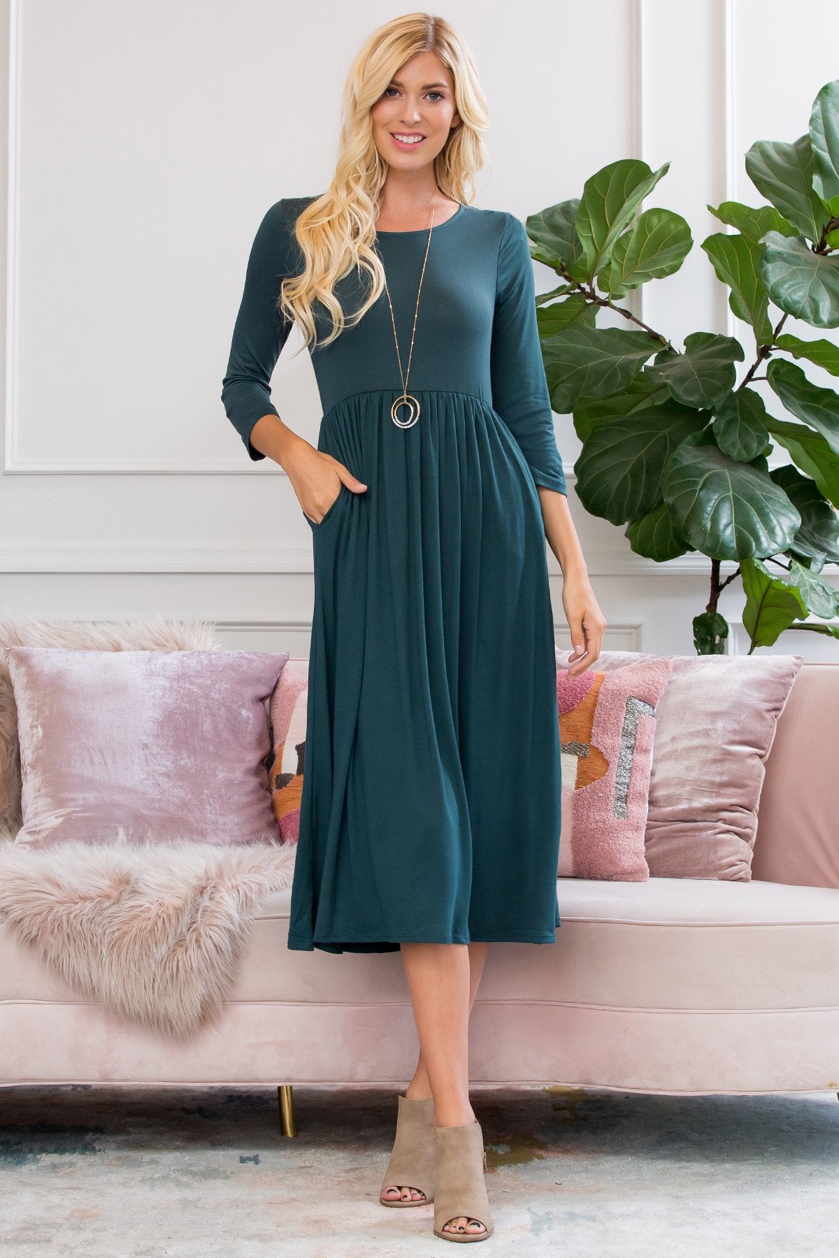 Viscose 3/4 Sleeve Round Neck Waist Shirring Dress