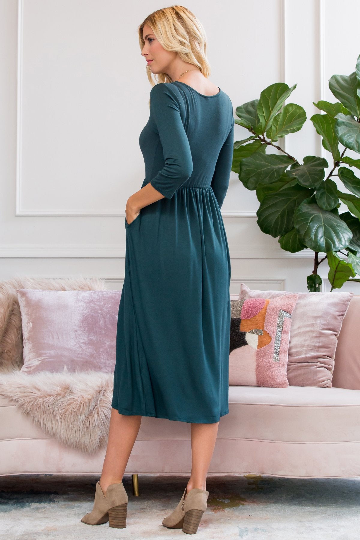 Viscose 3/4 Sleeve Round Neck Waist Shirring Dress