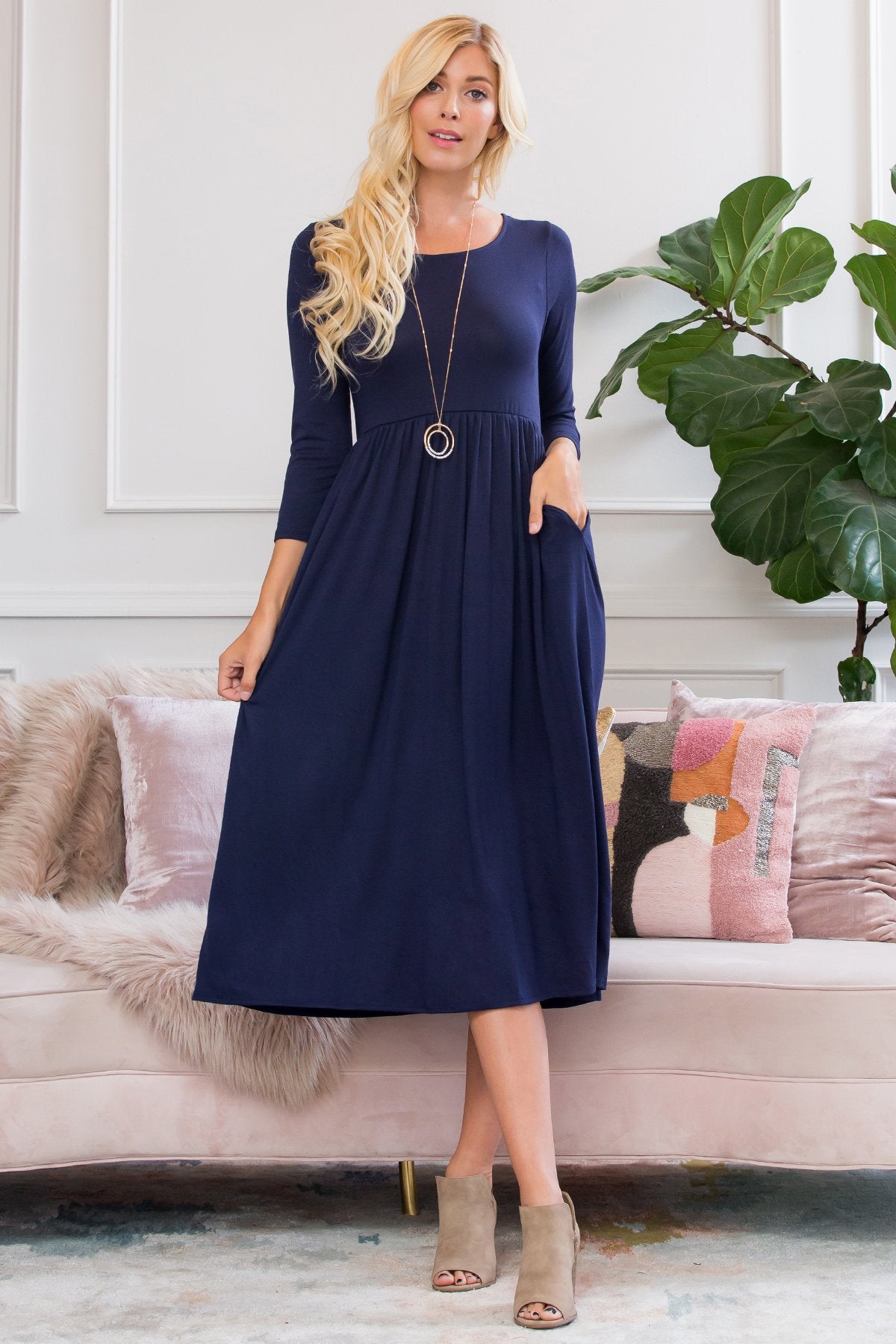 Viscose 3/4 Sleeve Round Neck Waist Shirring Dress