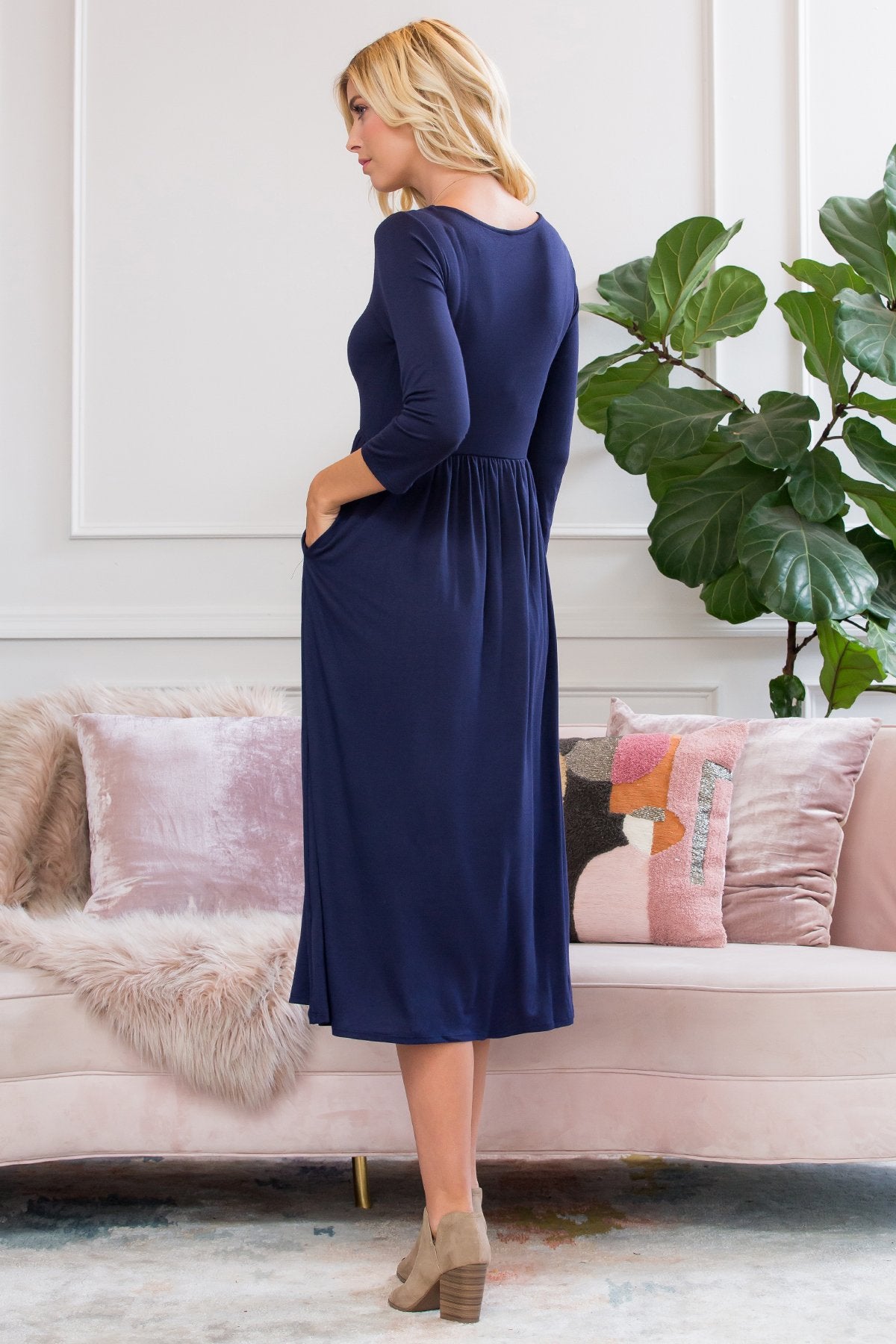 Viscose 3/4 Sleeve Round Neck Waist Shirring Dress