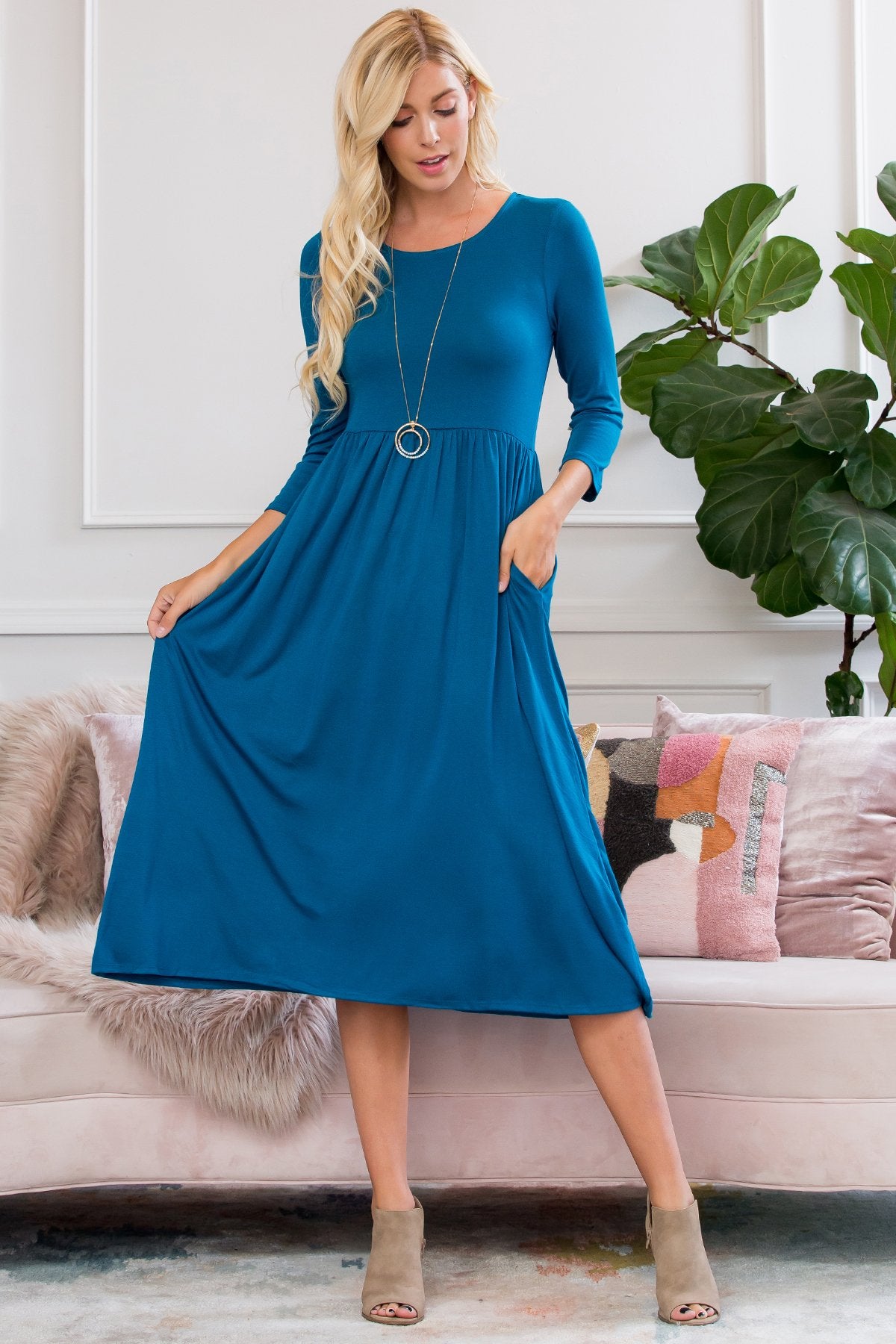 Viscose 3/4 Sleeve Round Neck Waist Shirring Dress