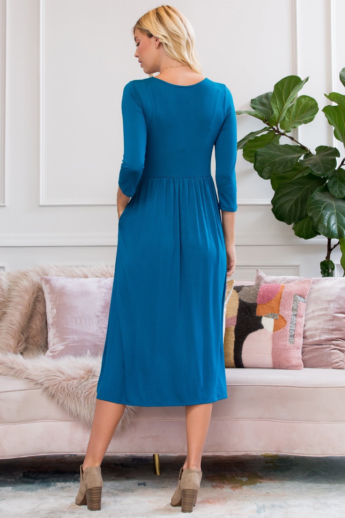Viscose 3/4 Sleeve Round Neck Waist Shirring Dress