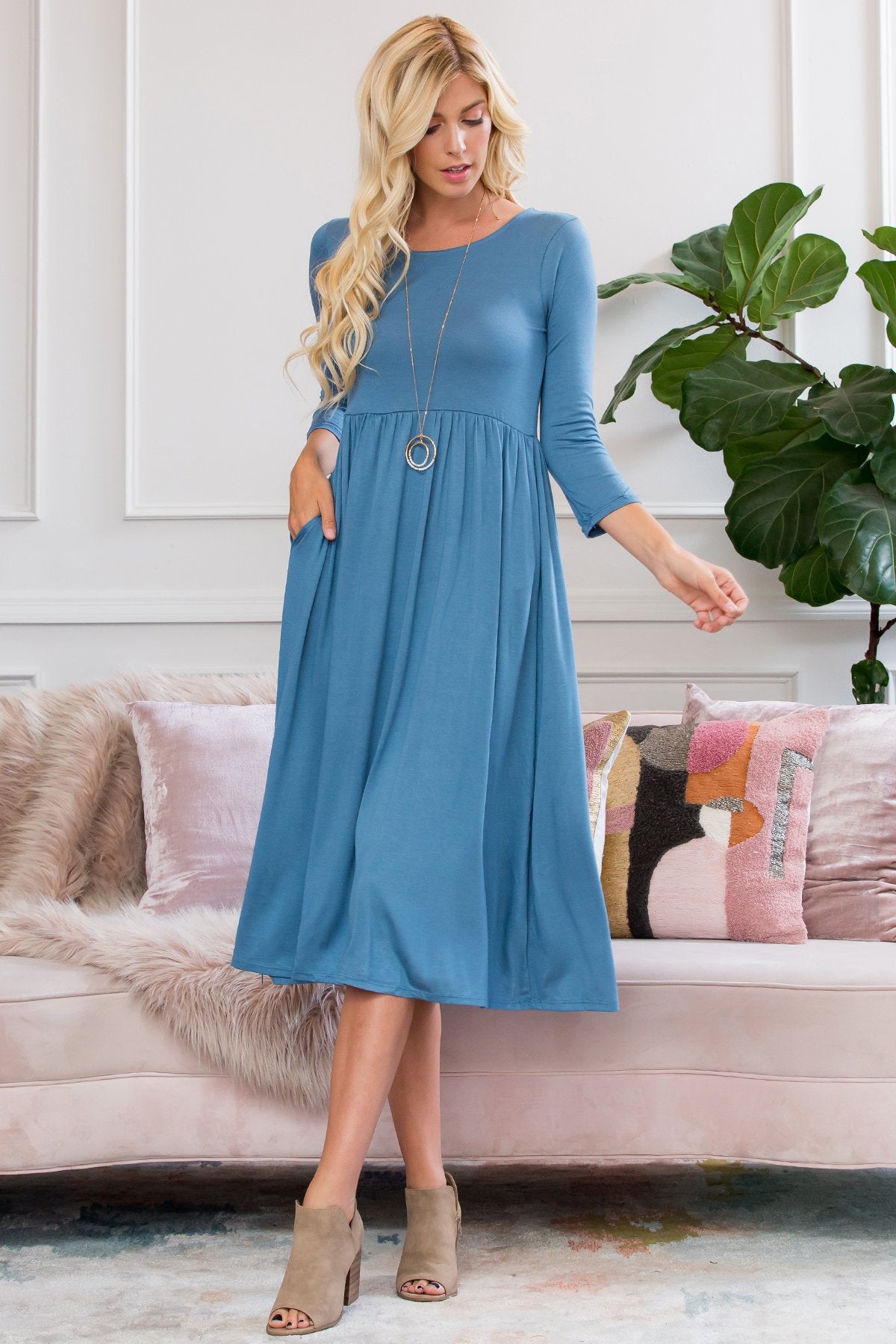Viscose 3/4 Sleeve Round Neck Waist Shirring Dress